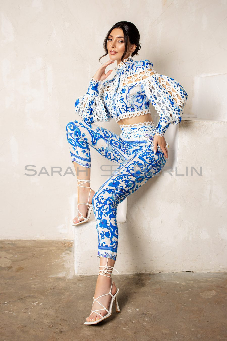 Two-piece suit: top and long skirt, made of Italian linen with print