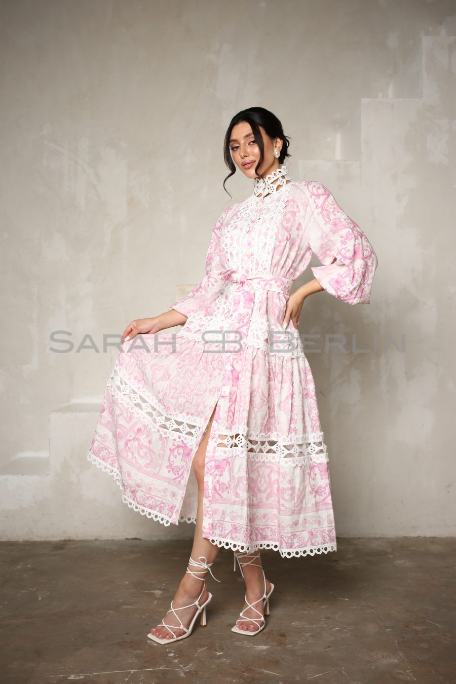 Платье с кружевом ромбы, с рукавами реглан и застежкой спереди, из итальянского льна с принтом