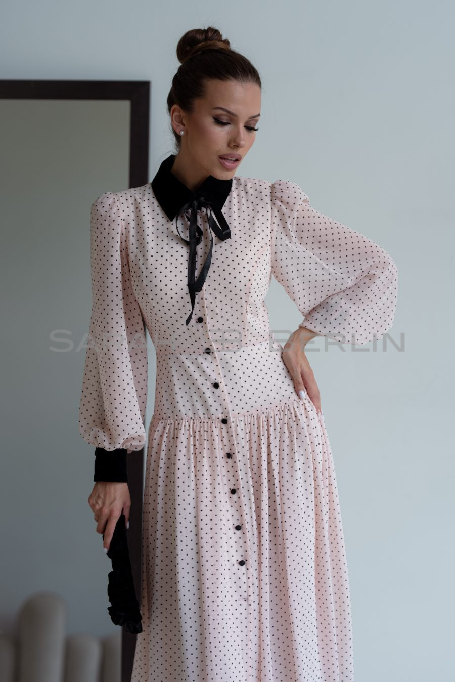 Polka dot chiffon dress with velvet collar and cuffs