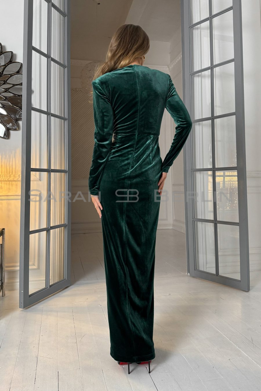Velvet floor-length dress with drapery and front slit