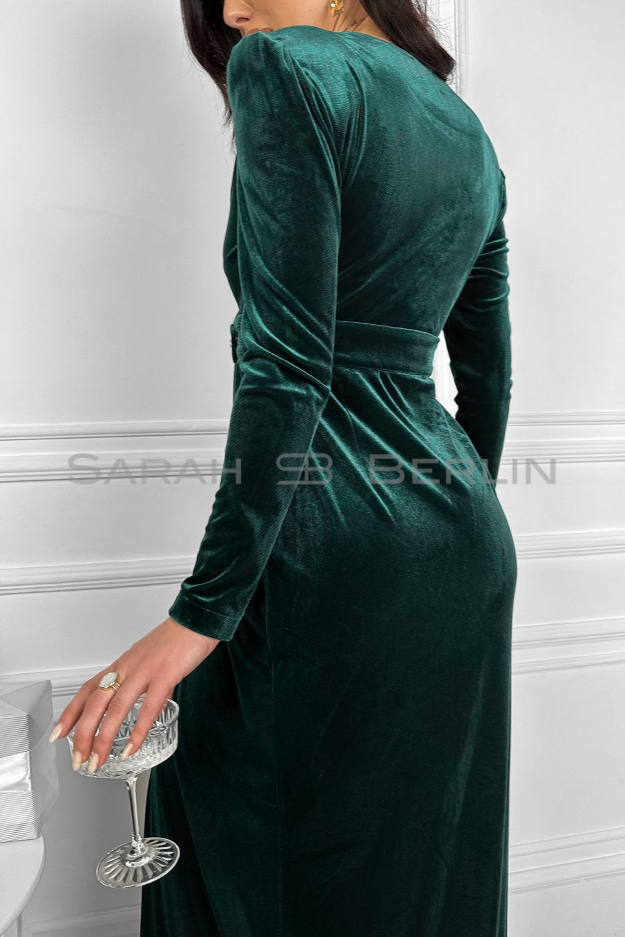 Velvet wrap dress, floor-length, with a figured neckline