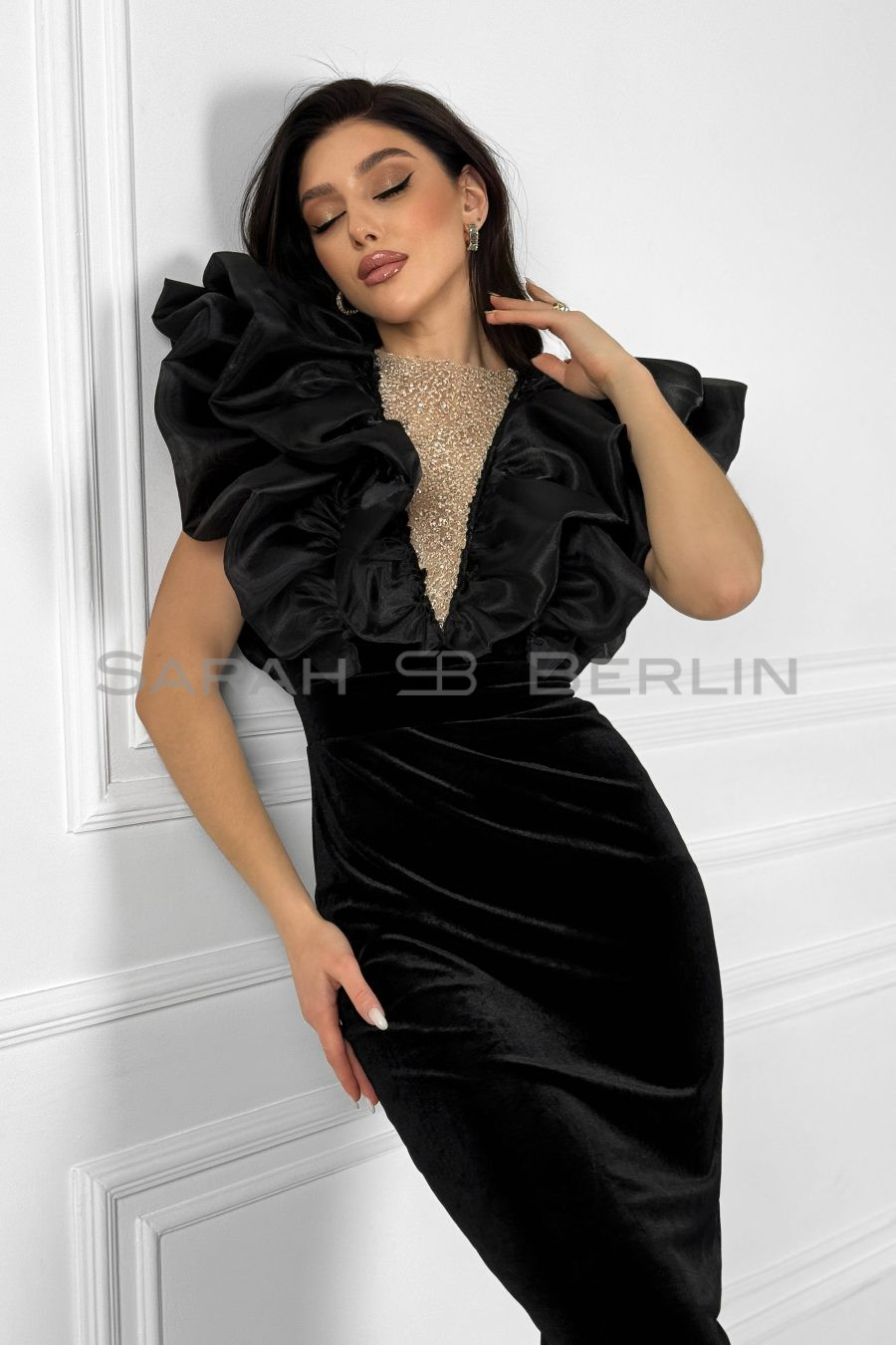 Velvet dress with organza wings, decorated with pearls