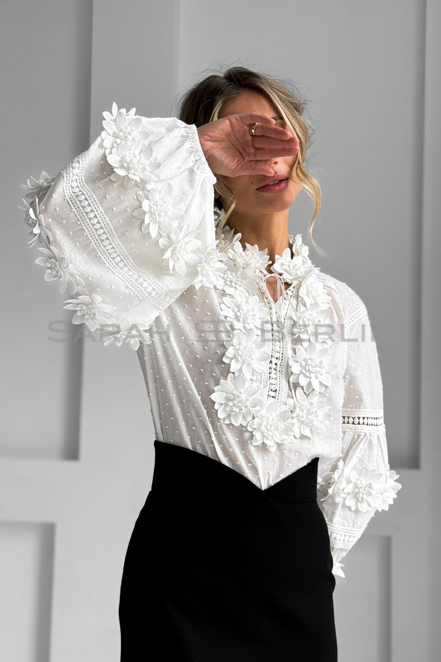 Бавовняна блуза з рукавами реглан, з мереживом 3D