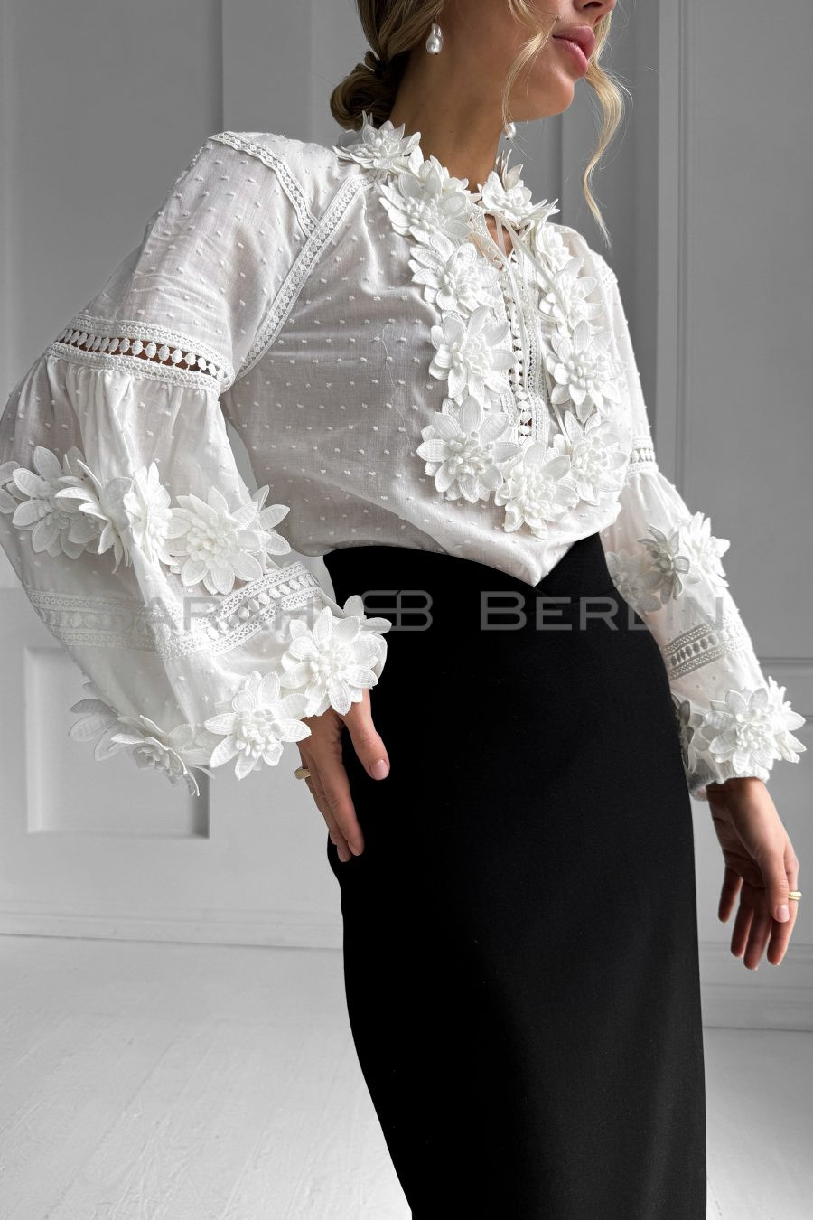Хлопковая блуза с рукавами реглан, с кружевом 3D