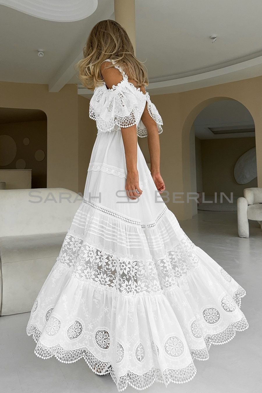 Floor-length cotton sundress with openwork embroidery and lace, with elasticated waist