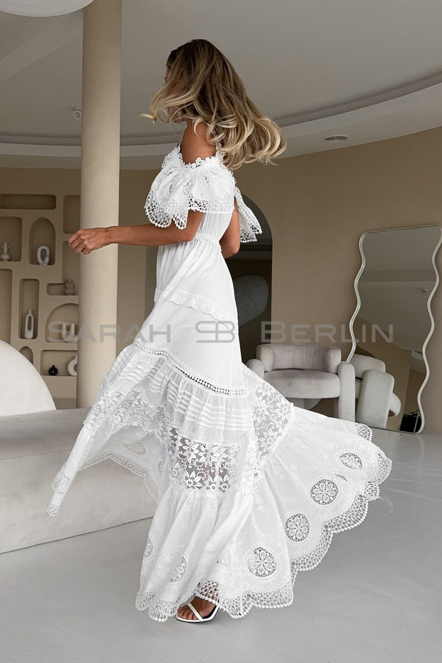 Floor-length cotton sundress with openwork embroidery and lace, with elasticated waist