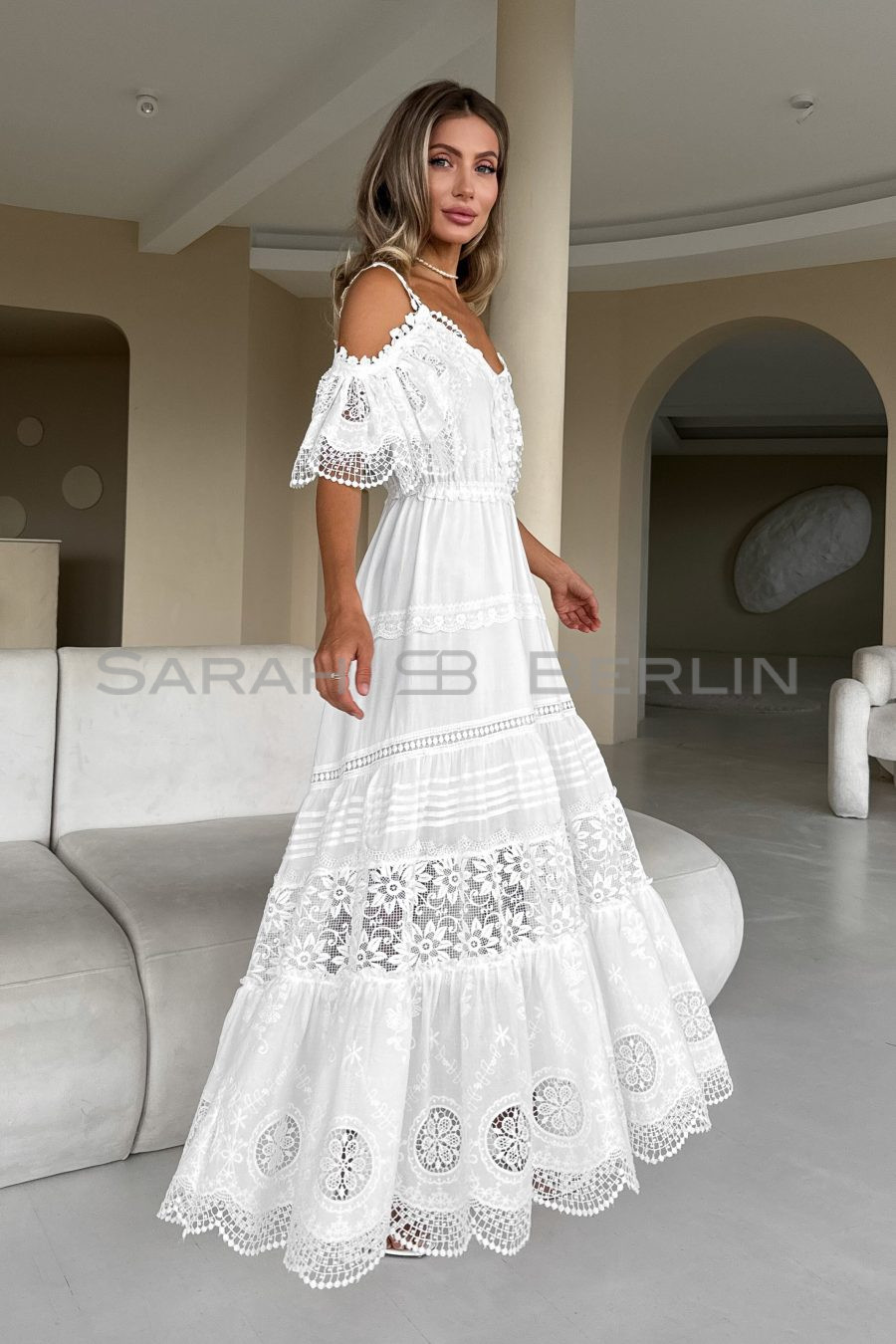 Floor-length cotton sundress with openwork embroidery and lace, with elasticated waist