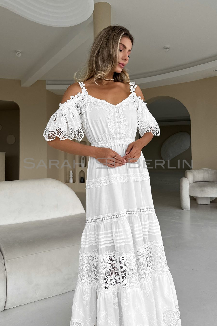 Floor-length cotton sundress with openwork embroidery and lace, with elasticated waist