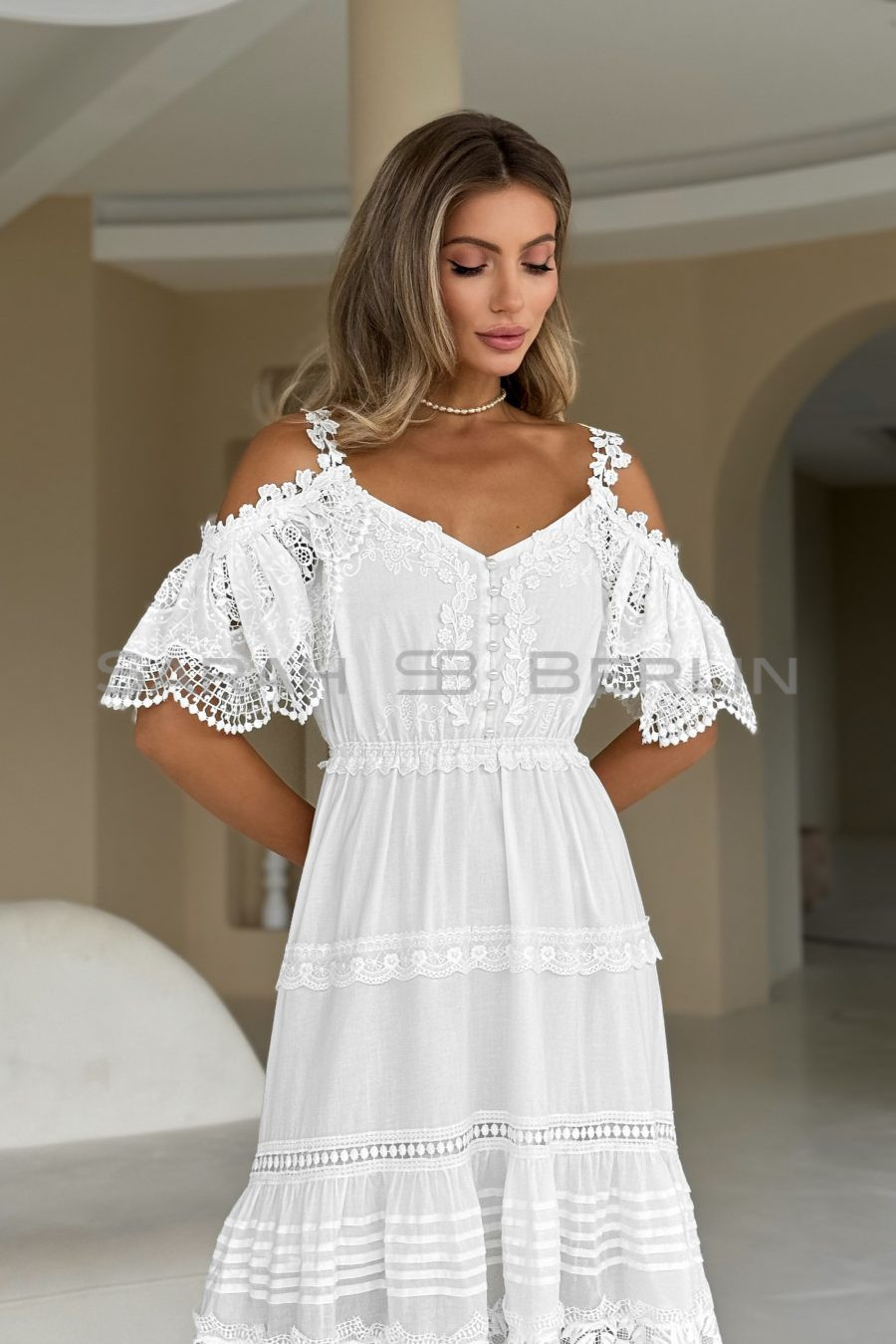 Floor-length cotton sundress with openwork embroidery and lace, with elasticated waist