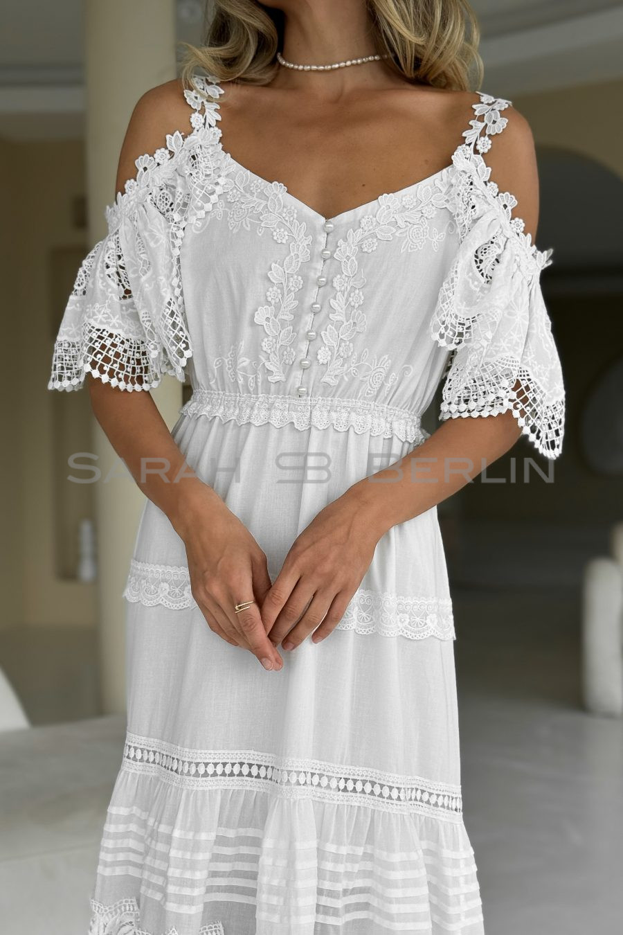 Floor-length cotton sundress with openwork embroidery and lace, with elasticated waist