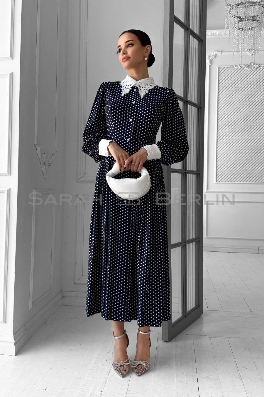 Polka dot viscose dress with white collar and cuffs