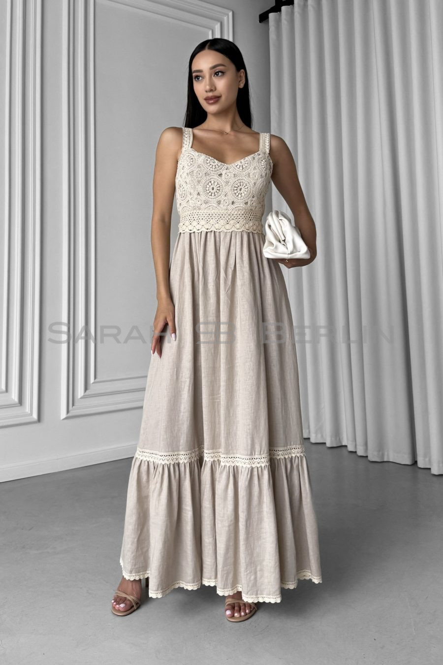 Linen sundress with wide straps, with beige macramé lace