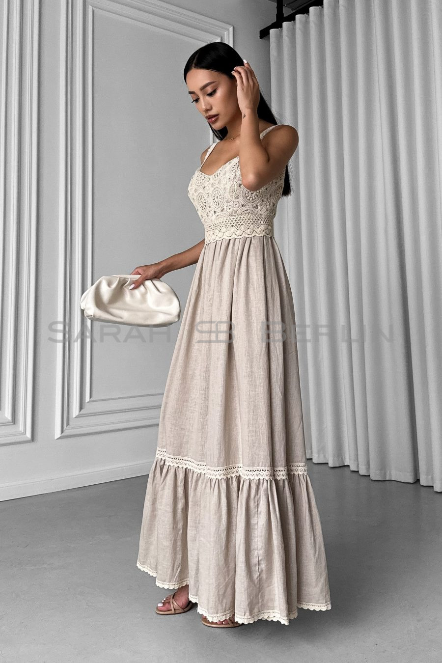 Linen sundress with wide straps, with beige macramé lace