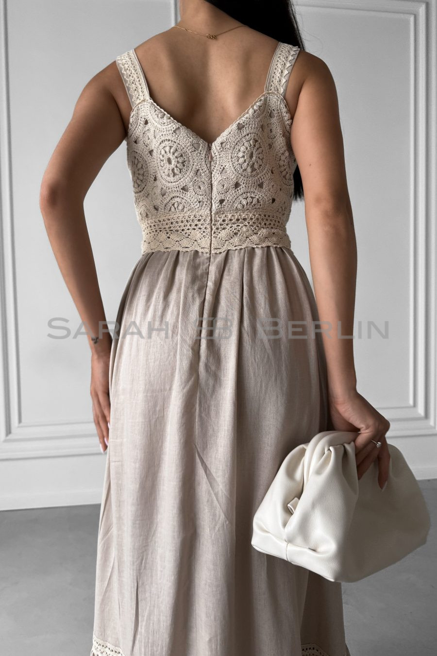 Linen sundress with wide straps, with beige macramé lace