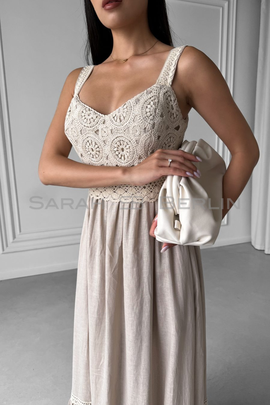 Linen sundress with wide straps, with beige macramé lace