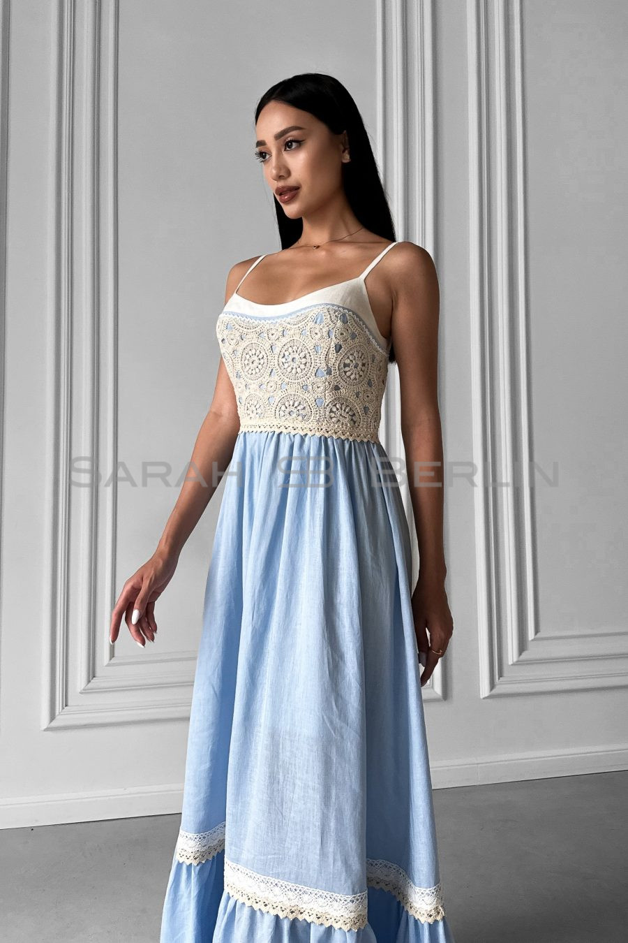 Linen three-color sundress with thin straps, with macramé lace