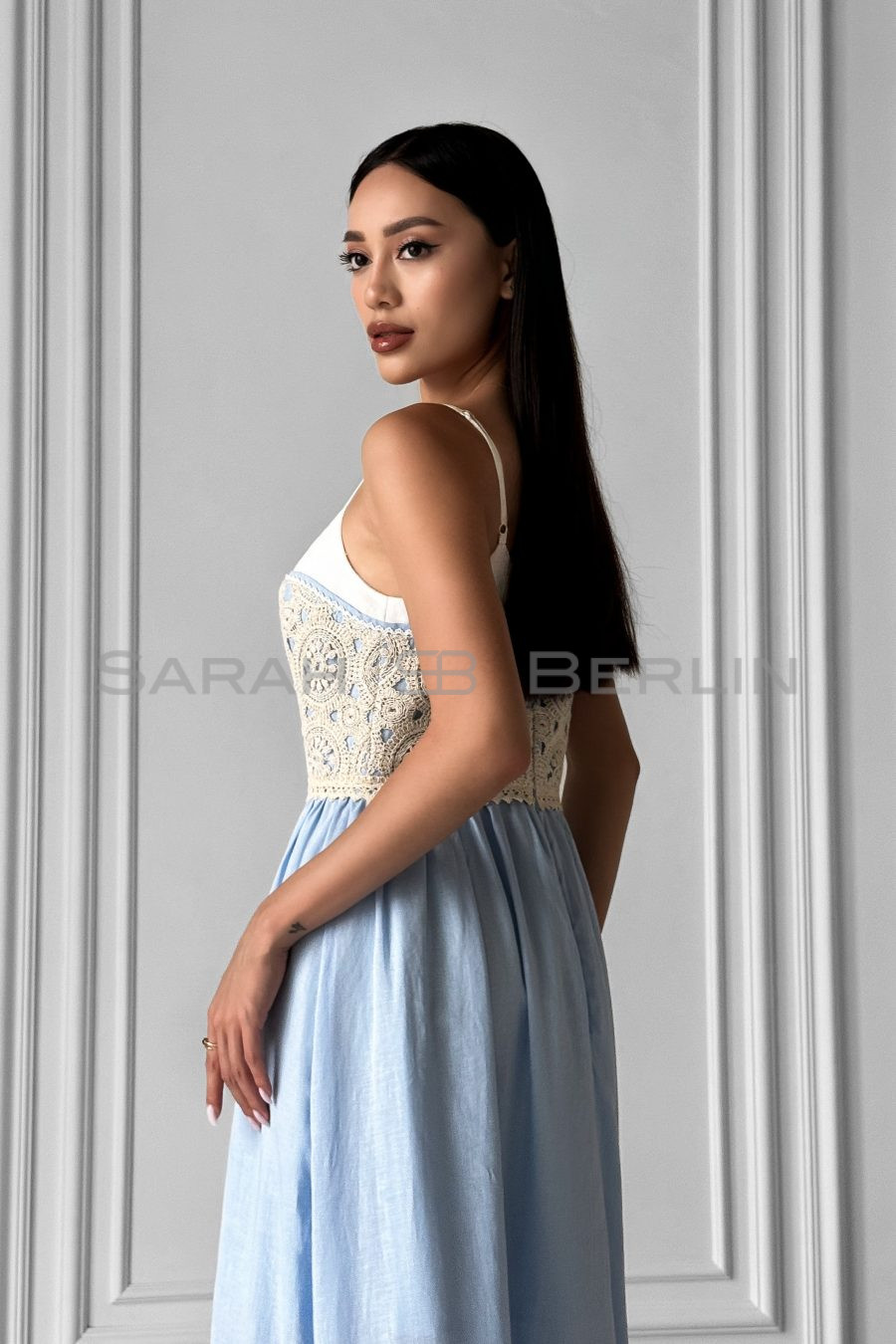 Linen three-color sundress with thin straps, with macramé lace