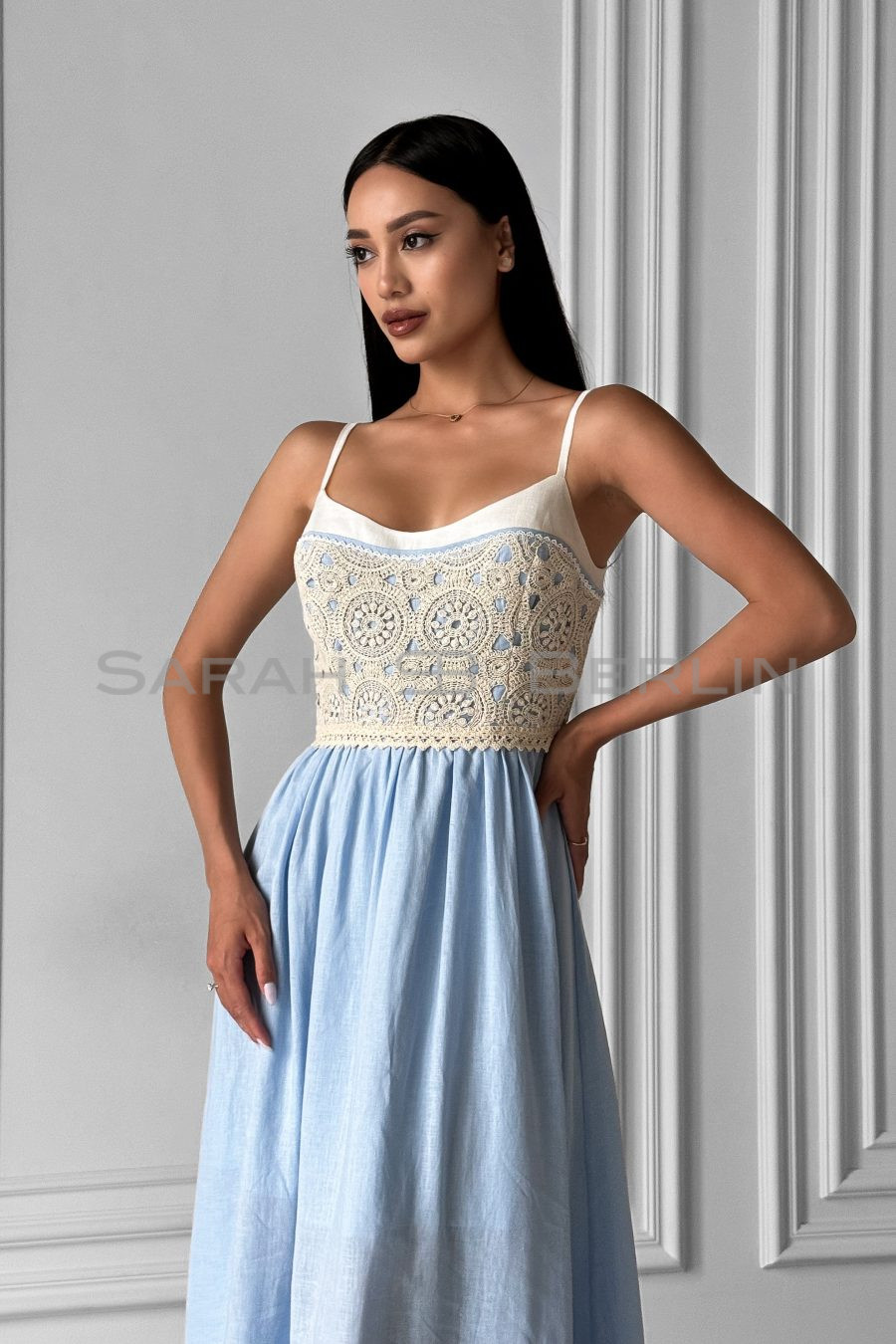 Linen three-color sundress with thin straps, with macramé lace