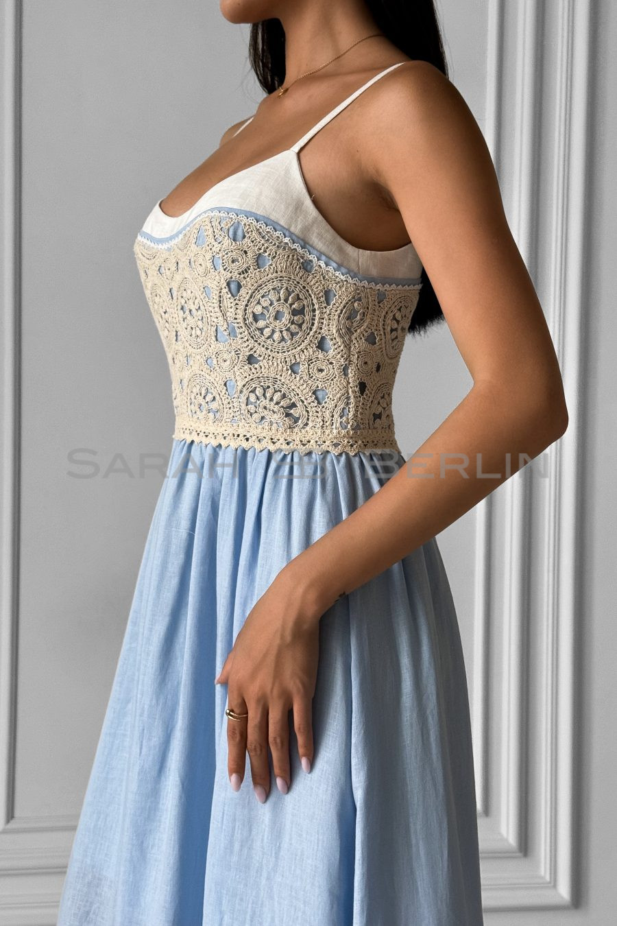 Linen three-color sundress with thin straps, with macramé lace