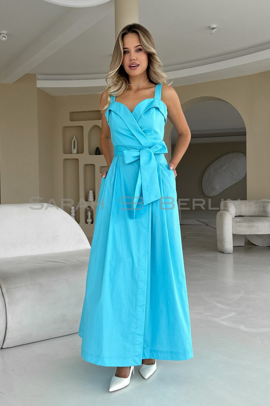 Cotton long wrap-around sundress with wide straps