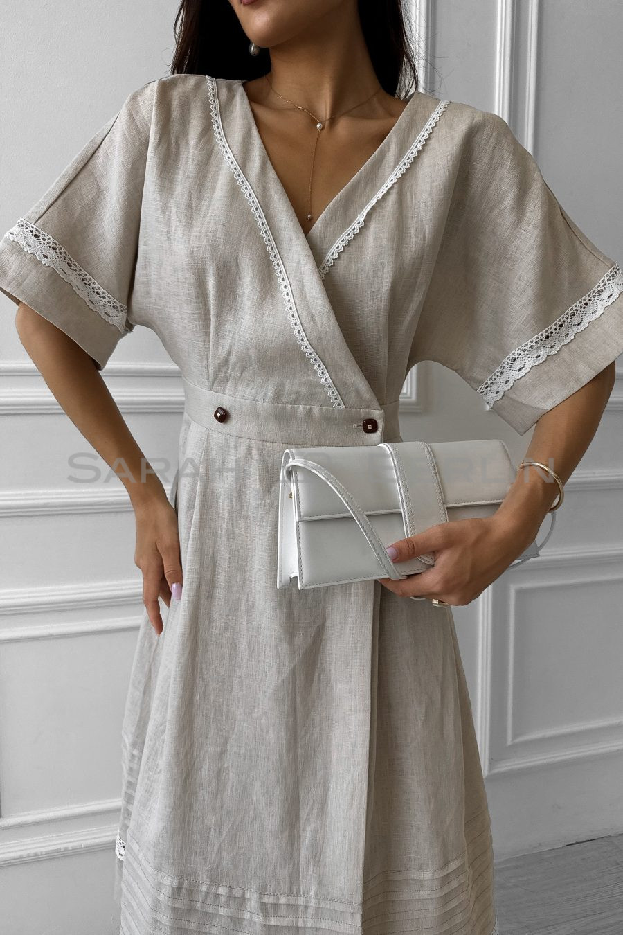 Linen wrap dress with one-piece sleeves and lace