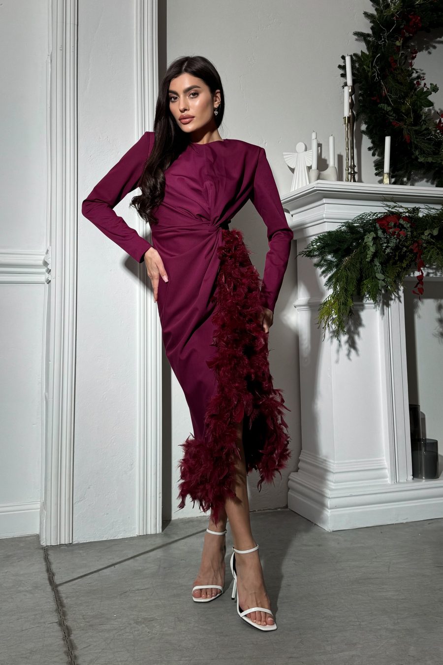 Midi dress with draping, leg slit, feathers