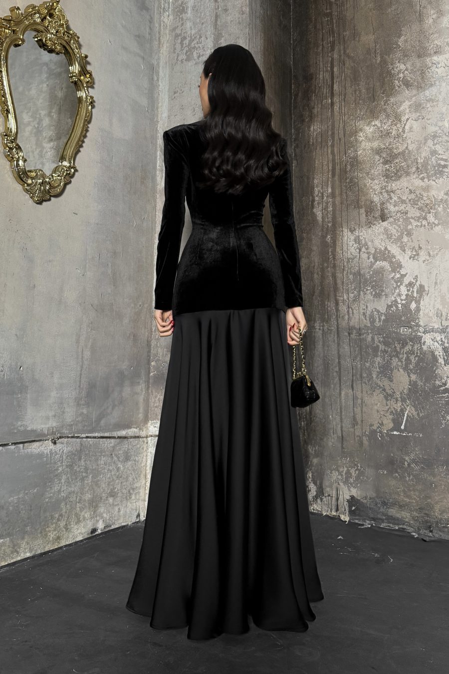 Velvet long dress with silk