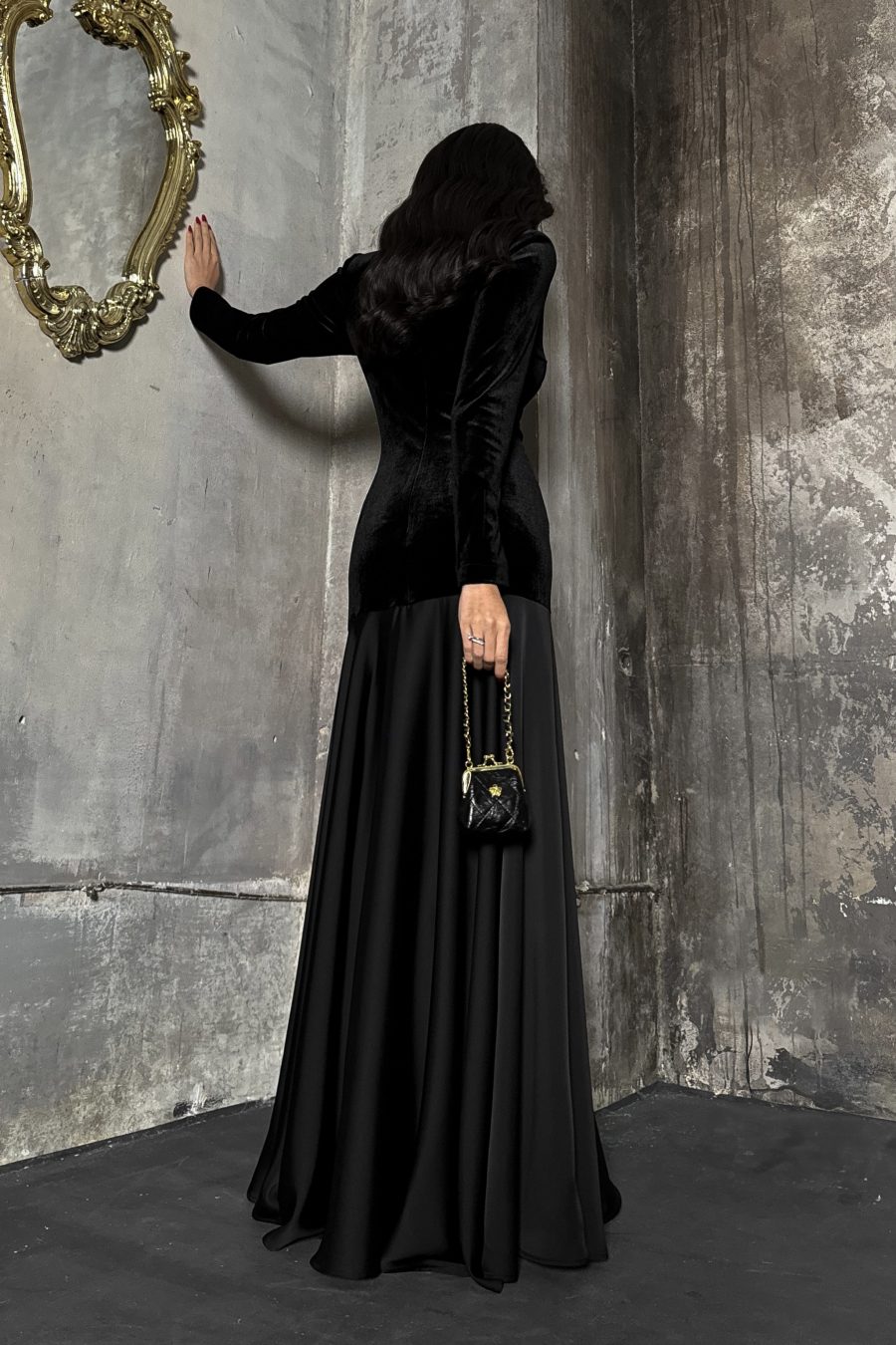 Velvet long dress with silk