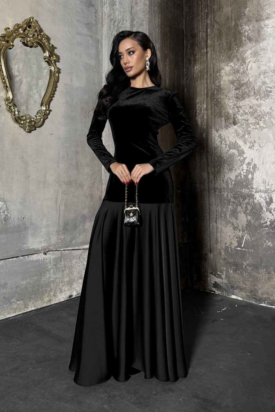 Velvet long dress with silk