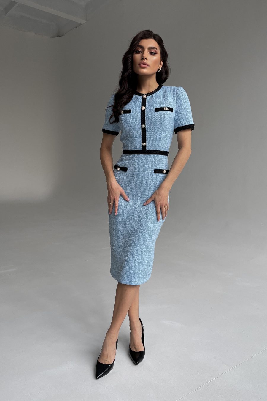 Short sleeve tweed dress with contrast trim