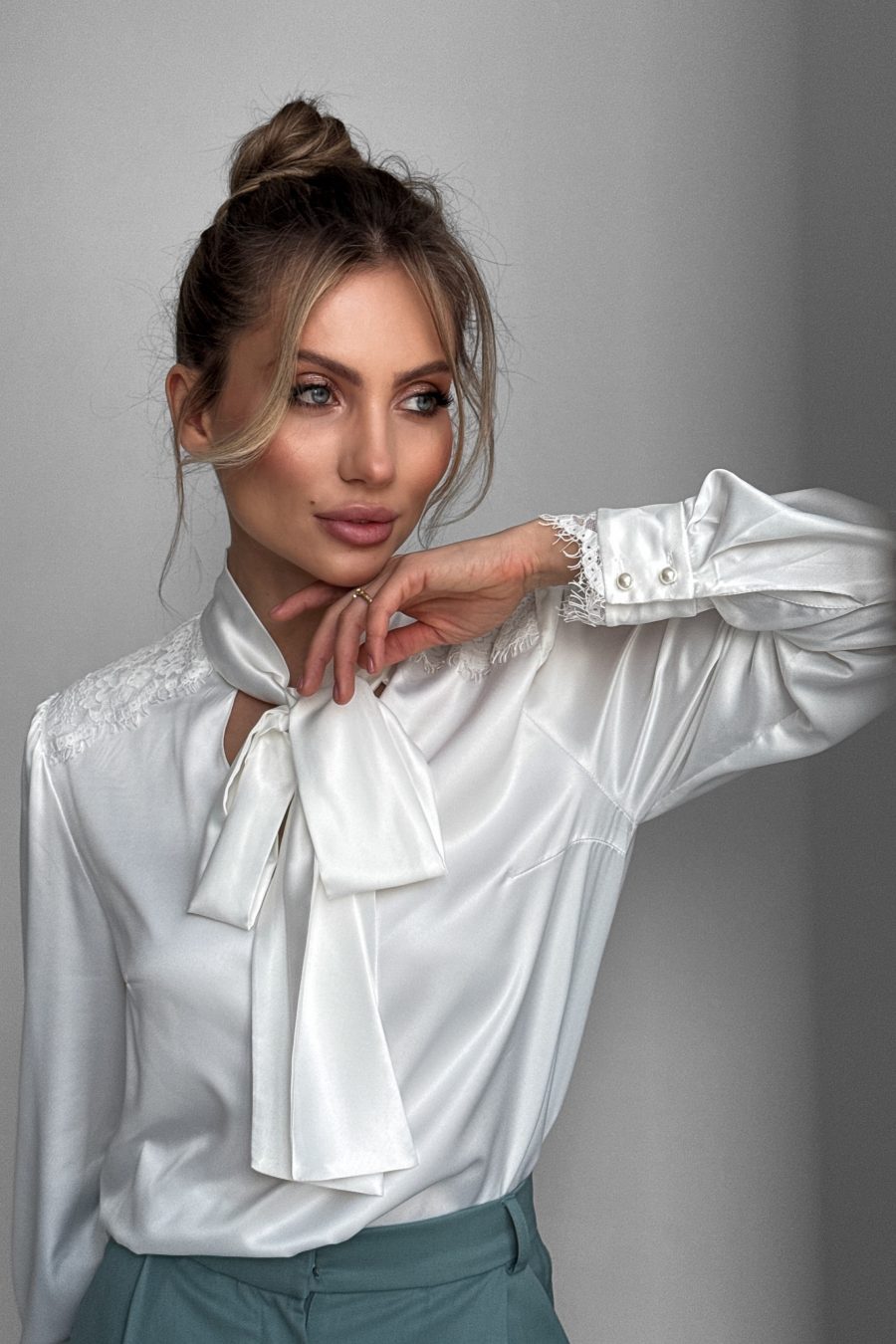 Silk blouse with bow and lace