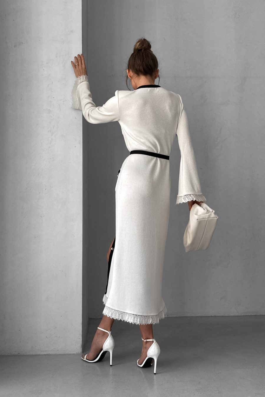 Knitted midi dress with patch pockets, belted, contrast trim and pearls