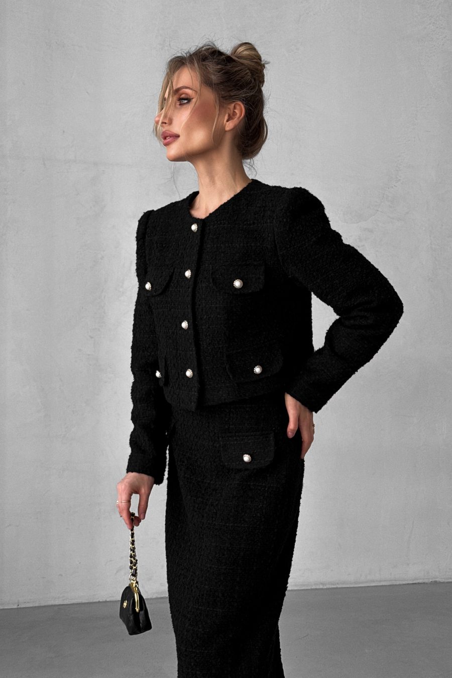 Tweed cropped straight jacket with pearls and flaps