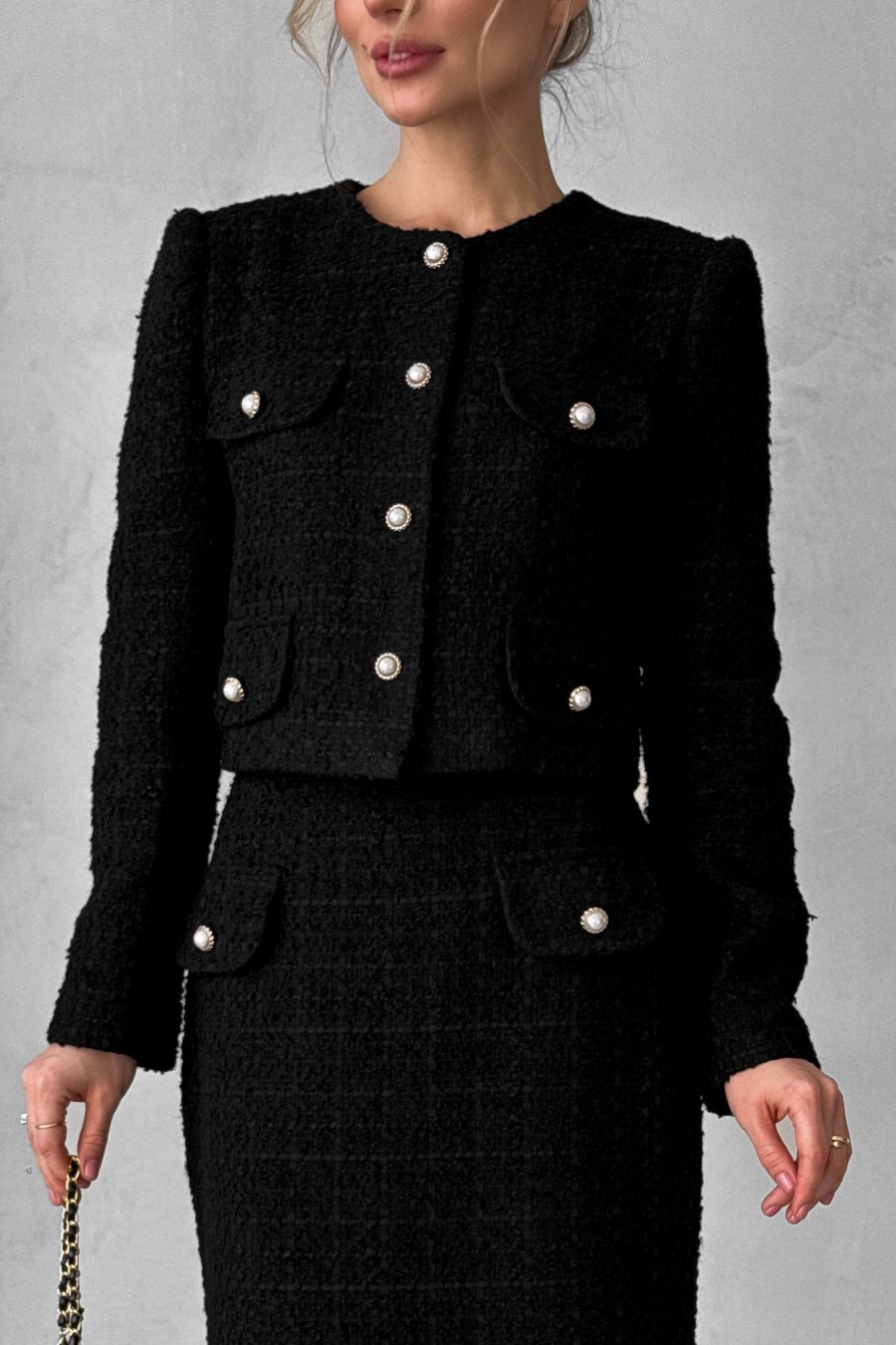 Tweed cropped straight jacket with pearls and flaps