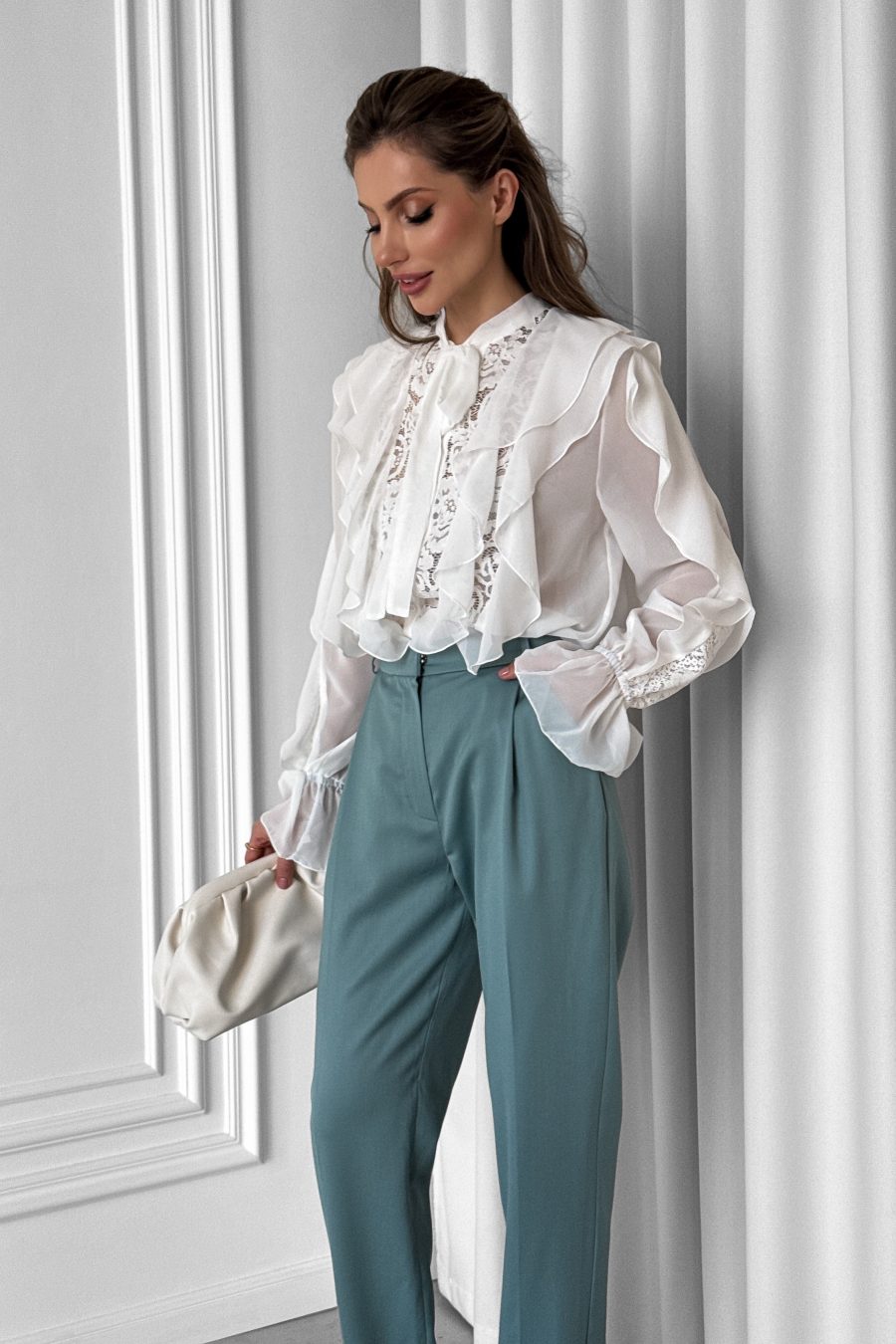 White chiffon blouse with lace and ruffles