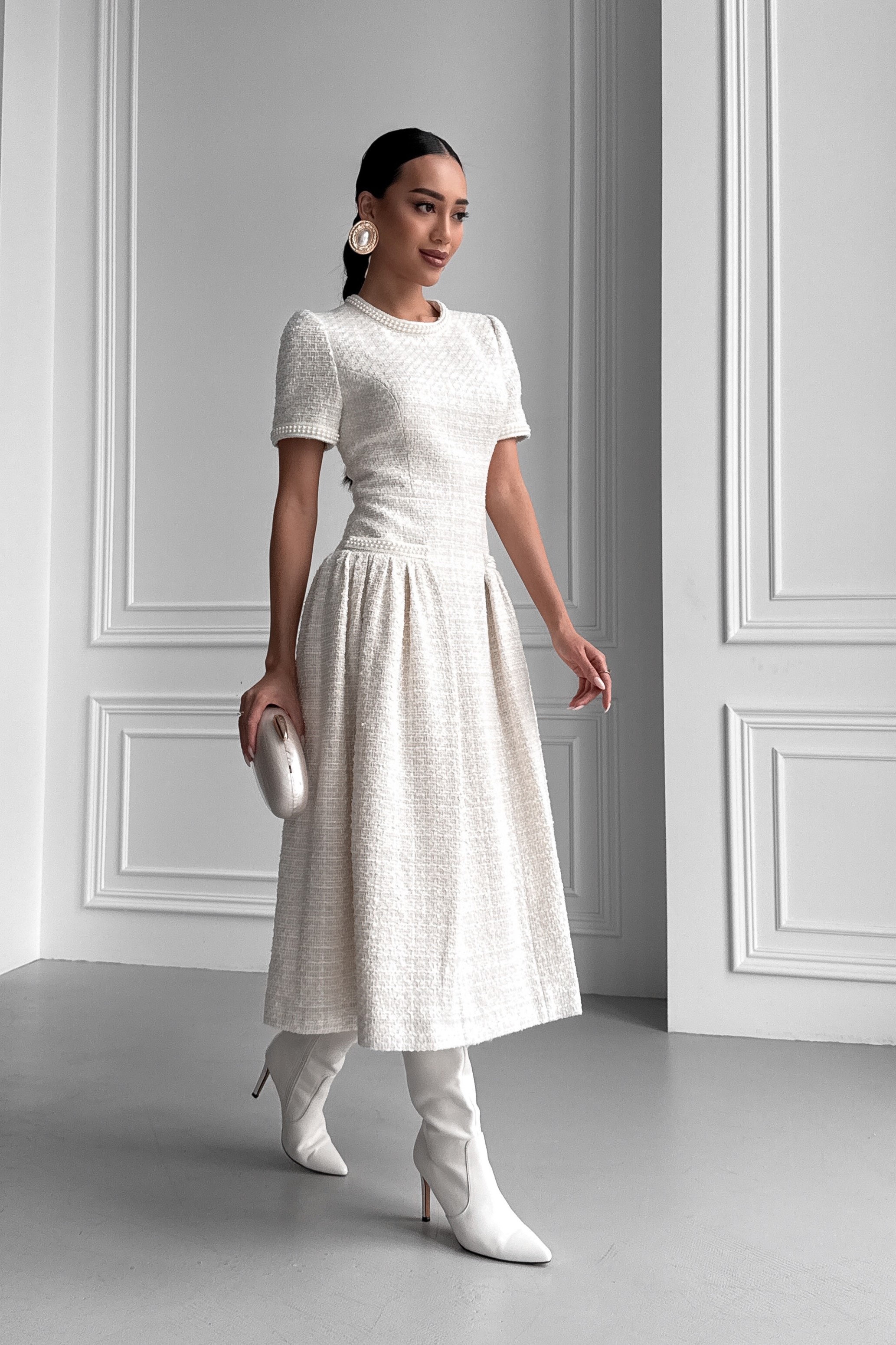 IMG_2626-2 Tweed midi dress with a fluffy skirt, with pockets, embroidered with pearls