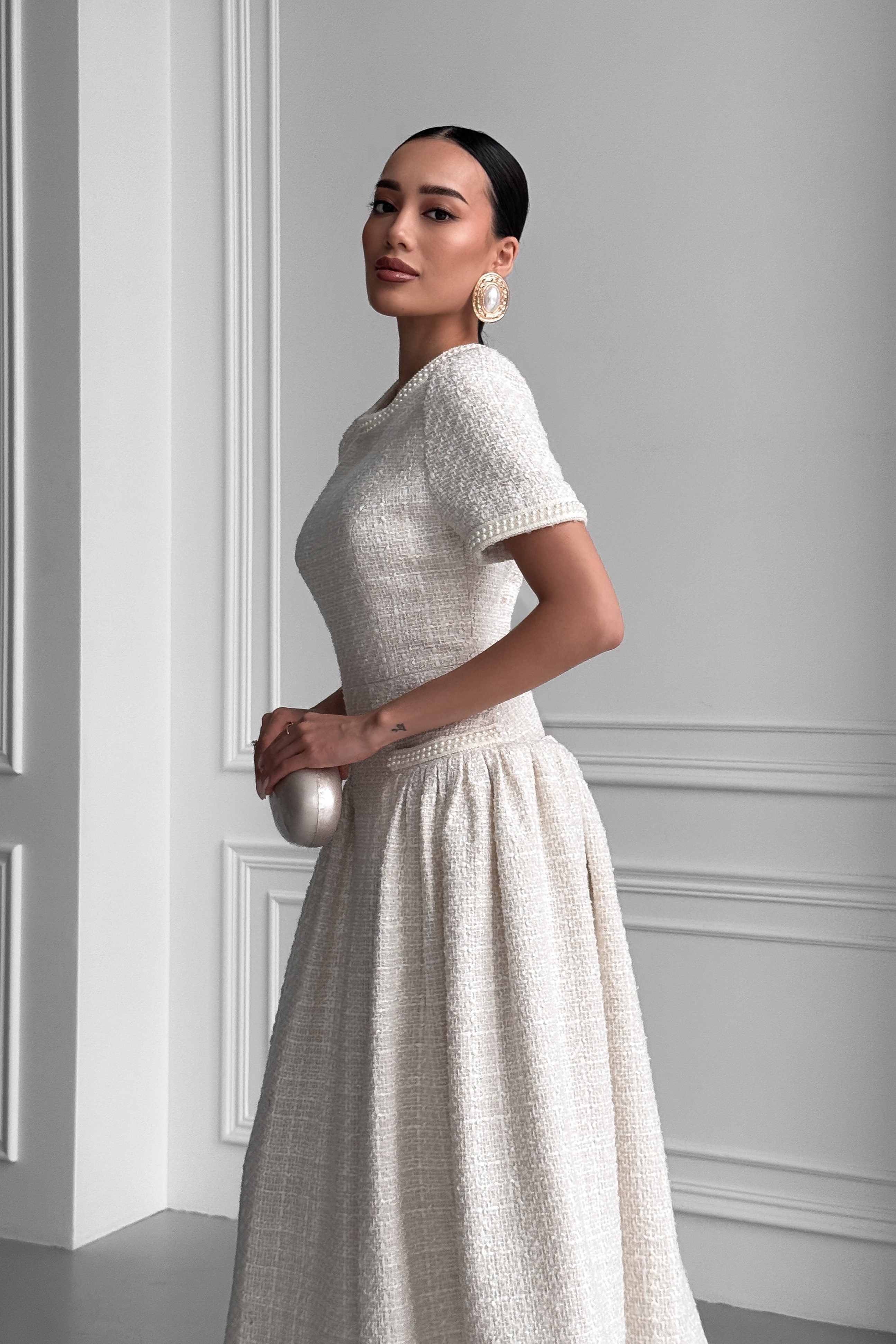 IMG_2635-2 Tweed midi dress with a fluffy skirt, with pockets, embroidered with pearls