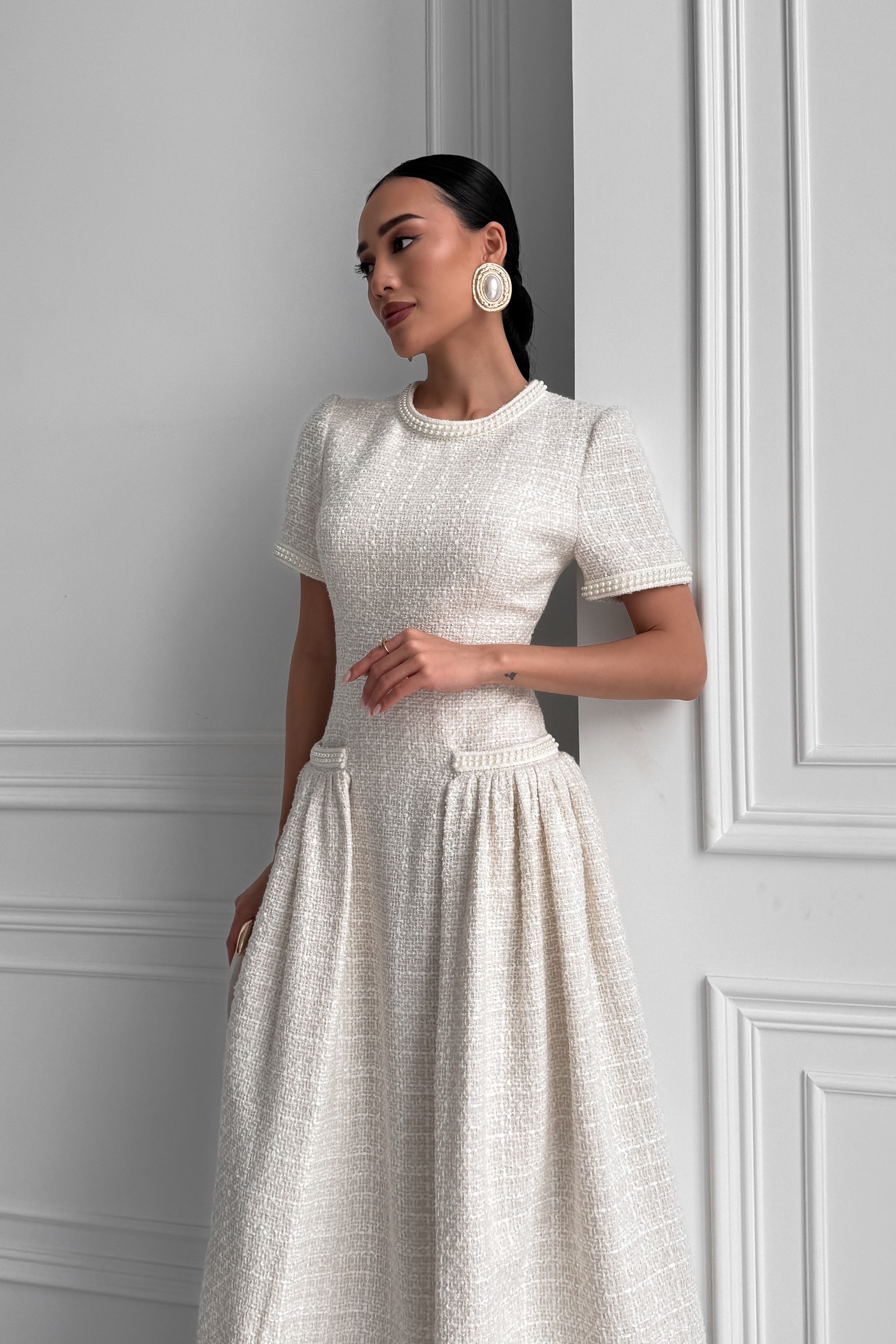 IMG_2637-2 Tweed midi dress with a fluffy skirt, with pockets, embroidered with pearls