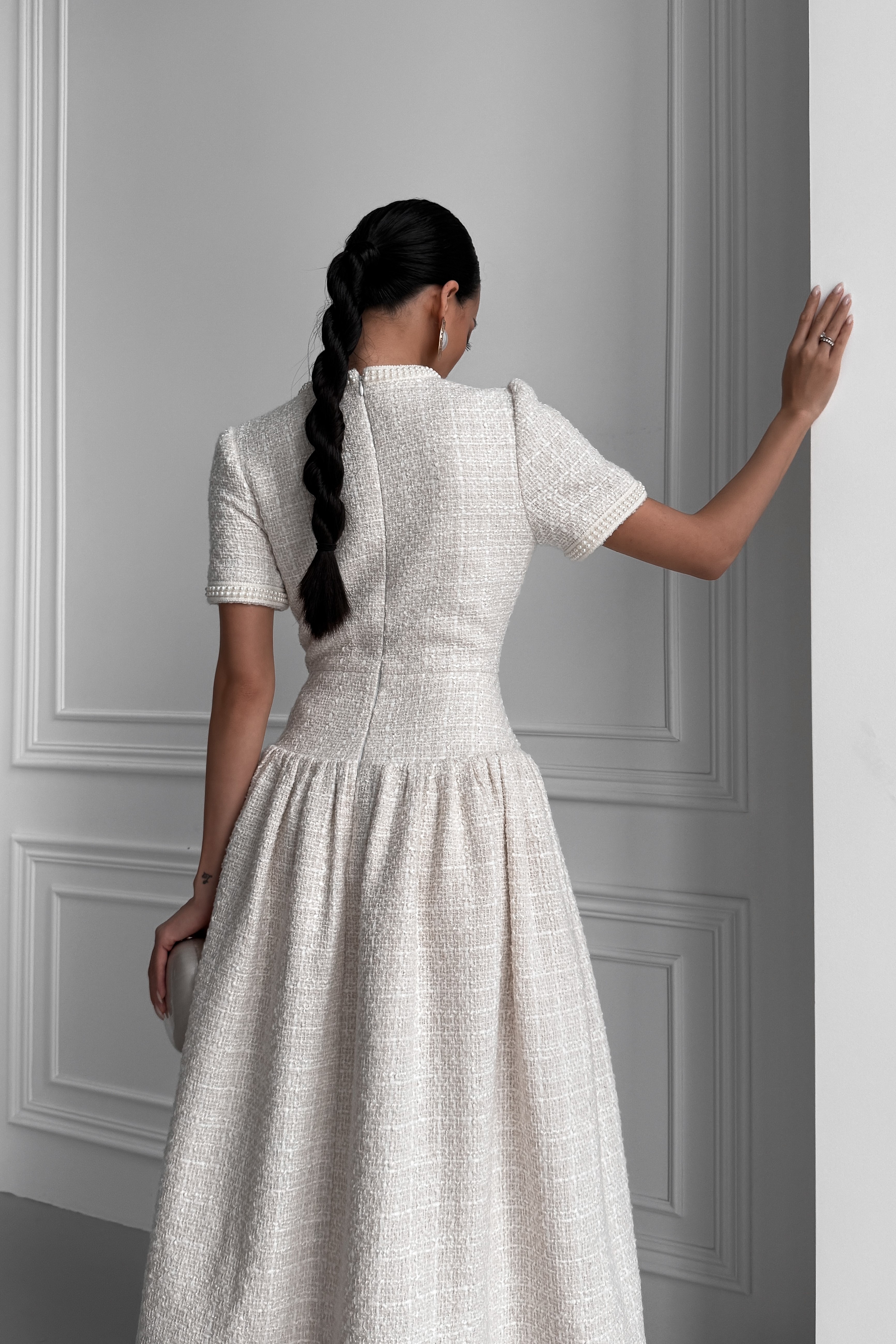 IMG_2641-2 Tweed midi dress with a fluffy skirt, with pockets, embroidered with pearls