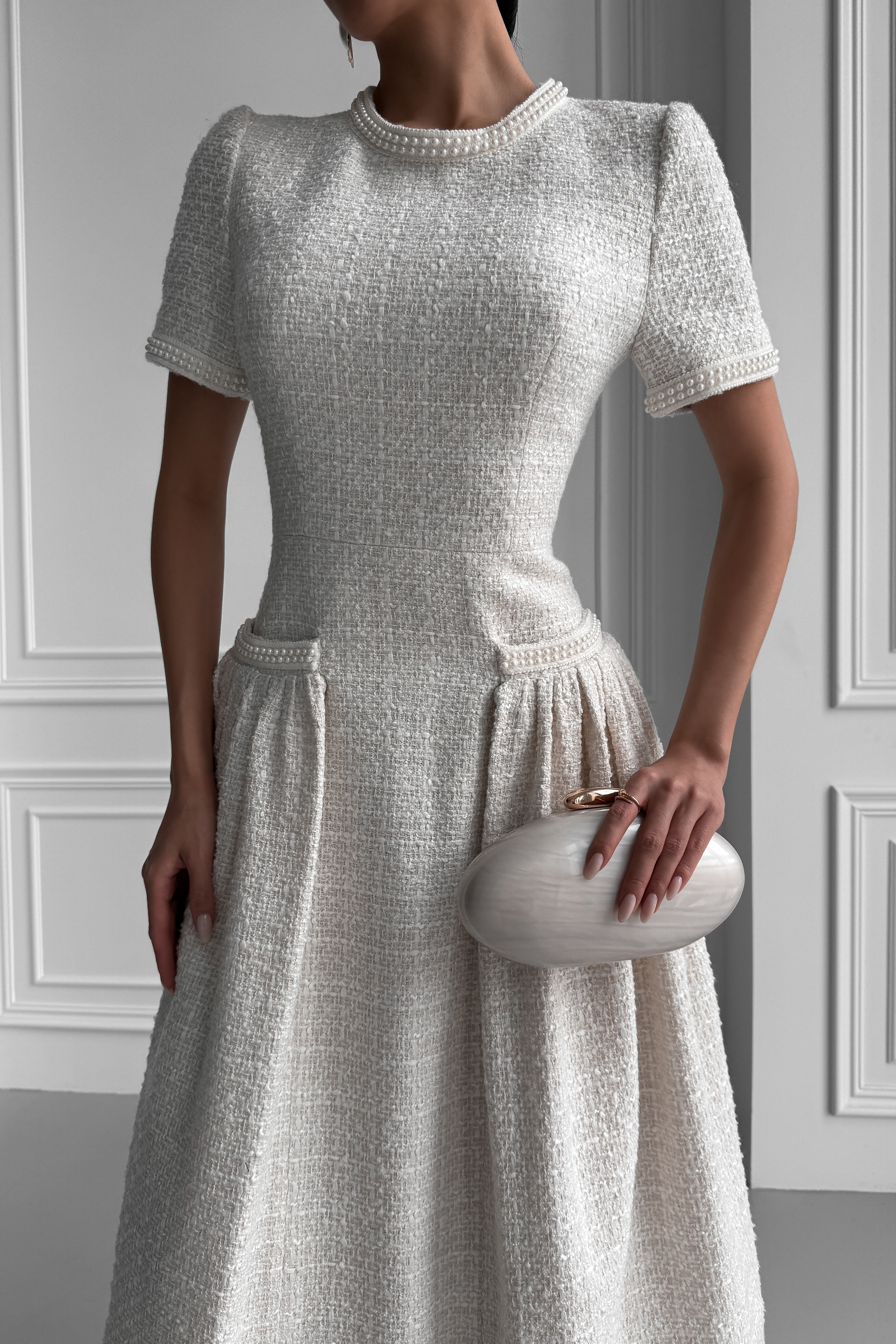 IMG_2643-2 Tweed midi dress with a fluffy skirt, with pockets, embroidered with pearls