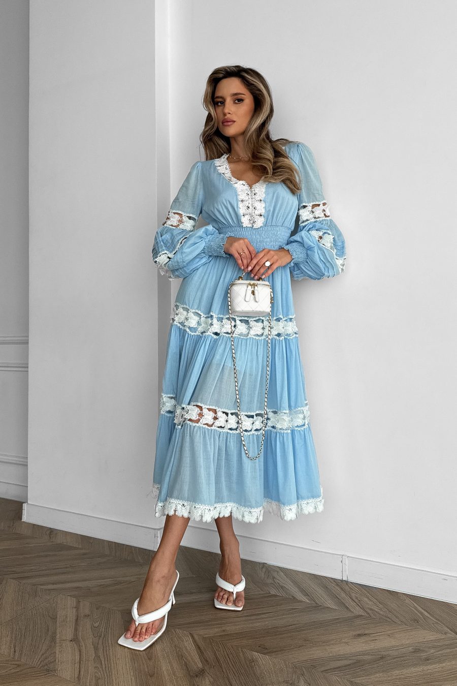 Cotton Midi Dress with Lace Butterflies