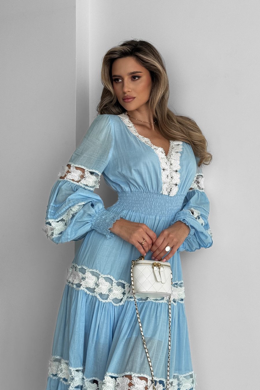 Cotton Midi Dress with Lace Butterflies