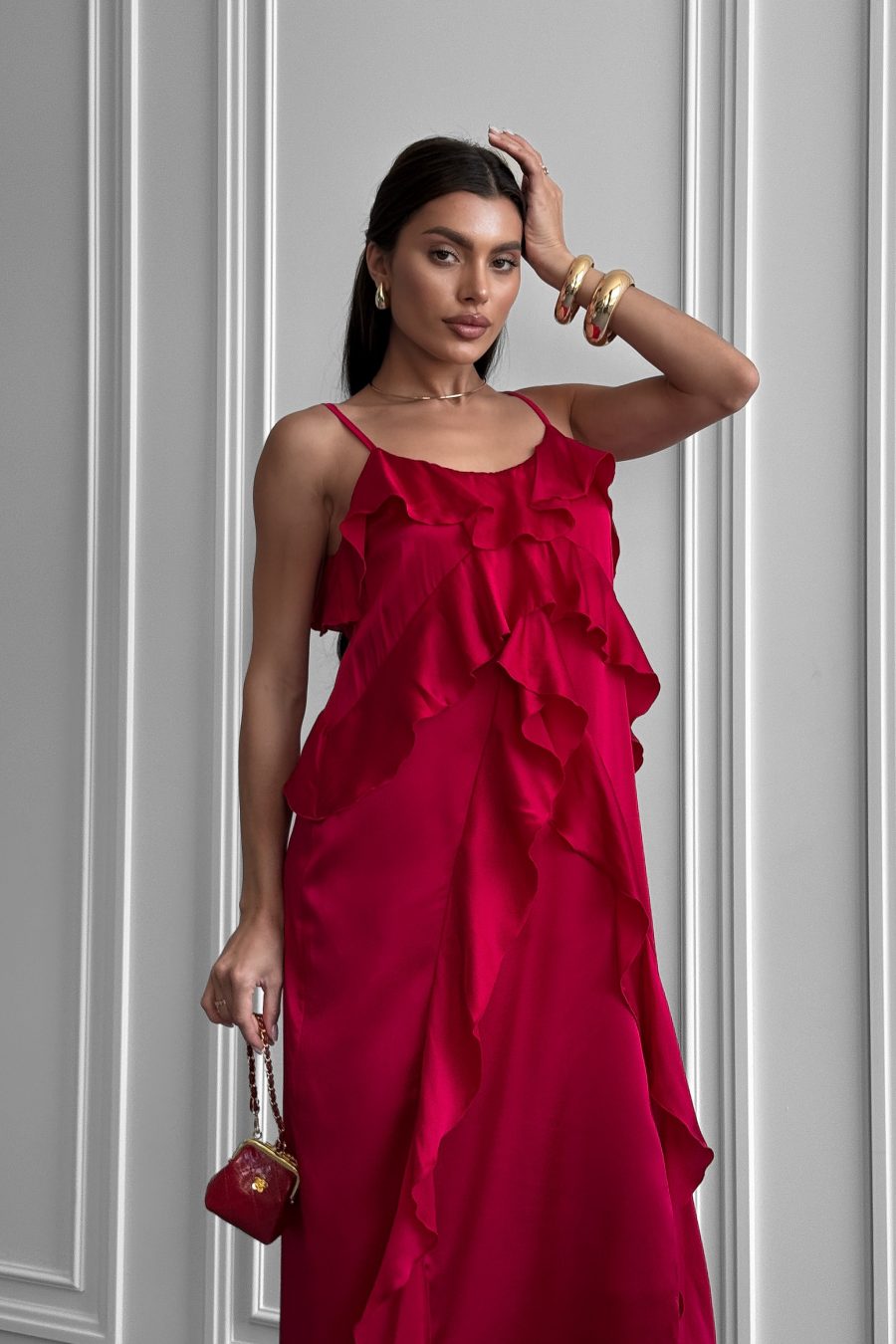Dress made of natural silk on thin straps with flounces
