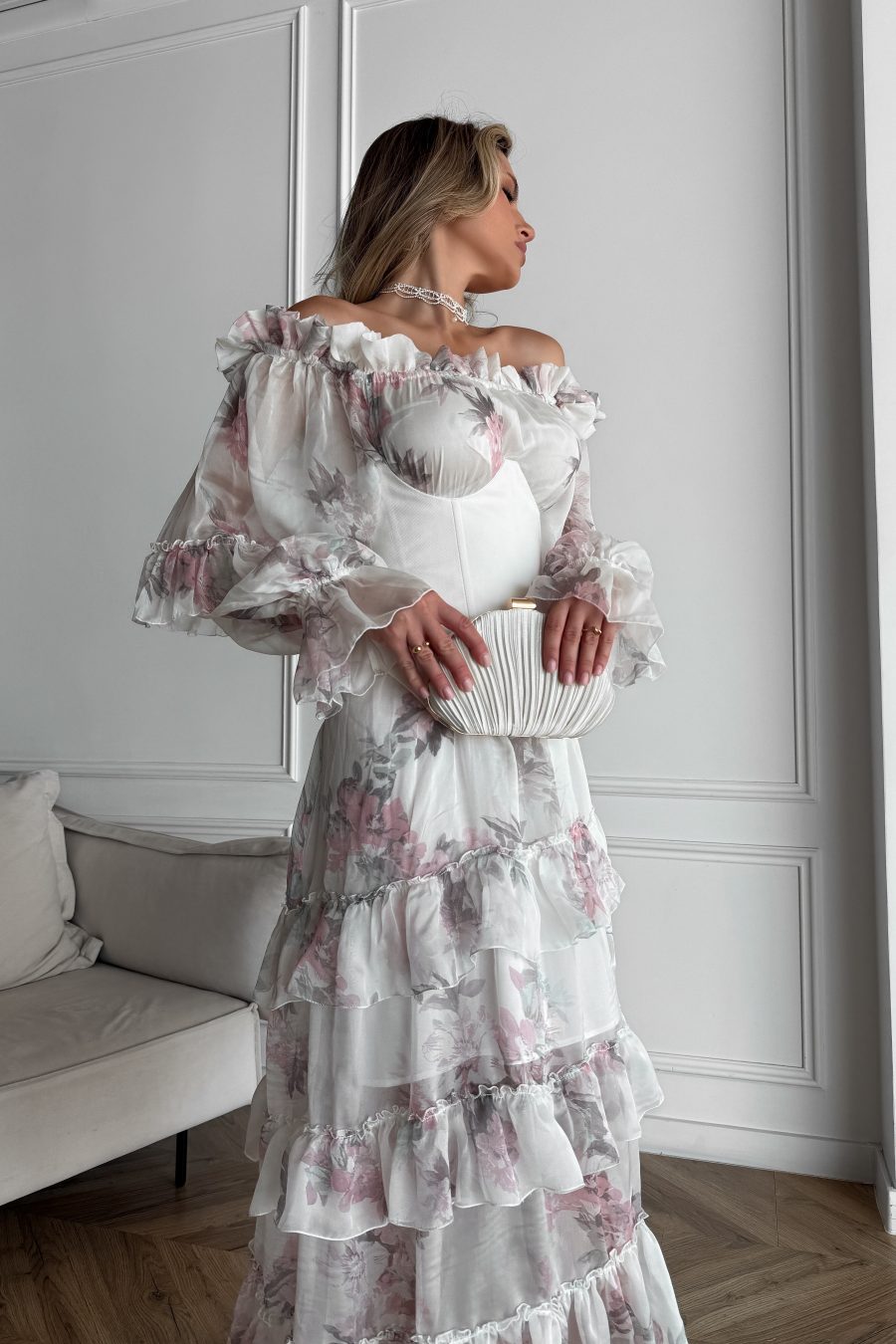 Long loose-fitting dress with open shoulders made of natural silk