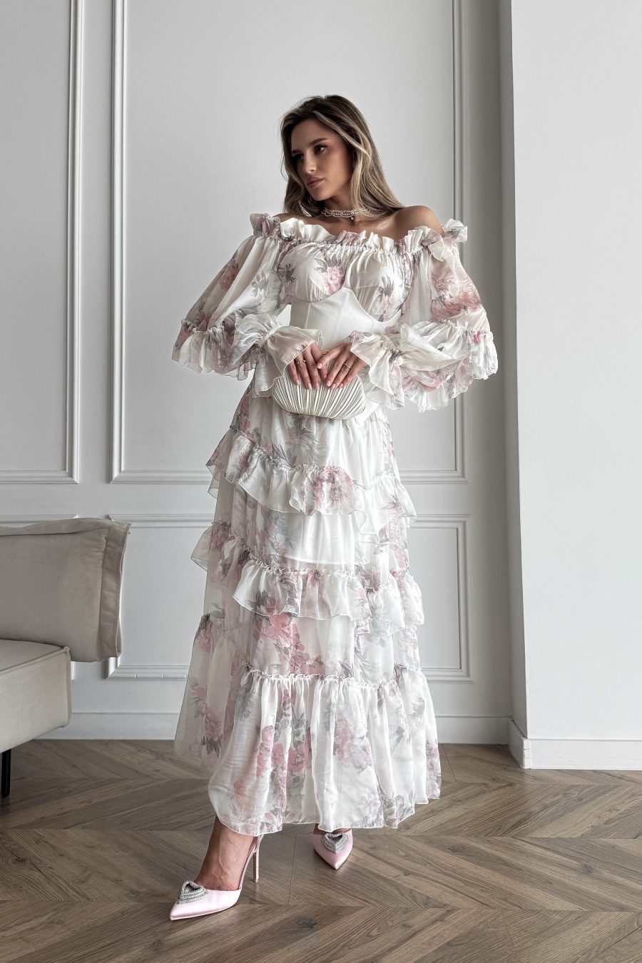 Long loose-fitting dress with open shoulders made of natural silk