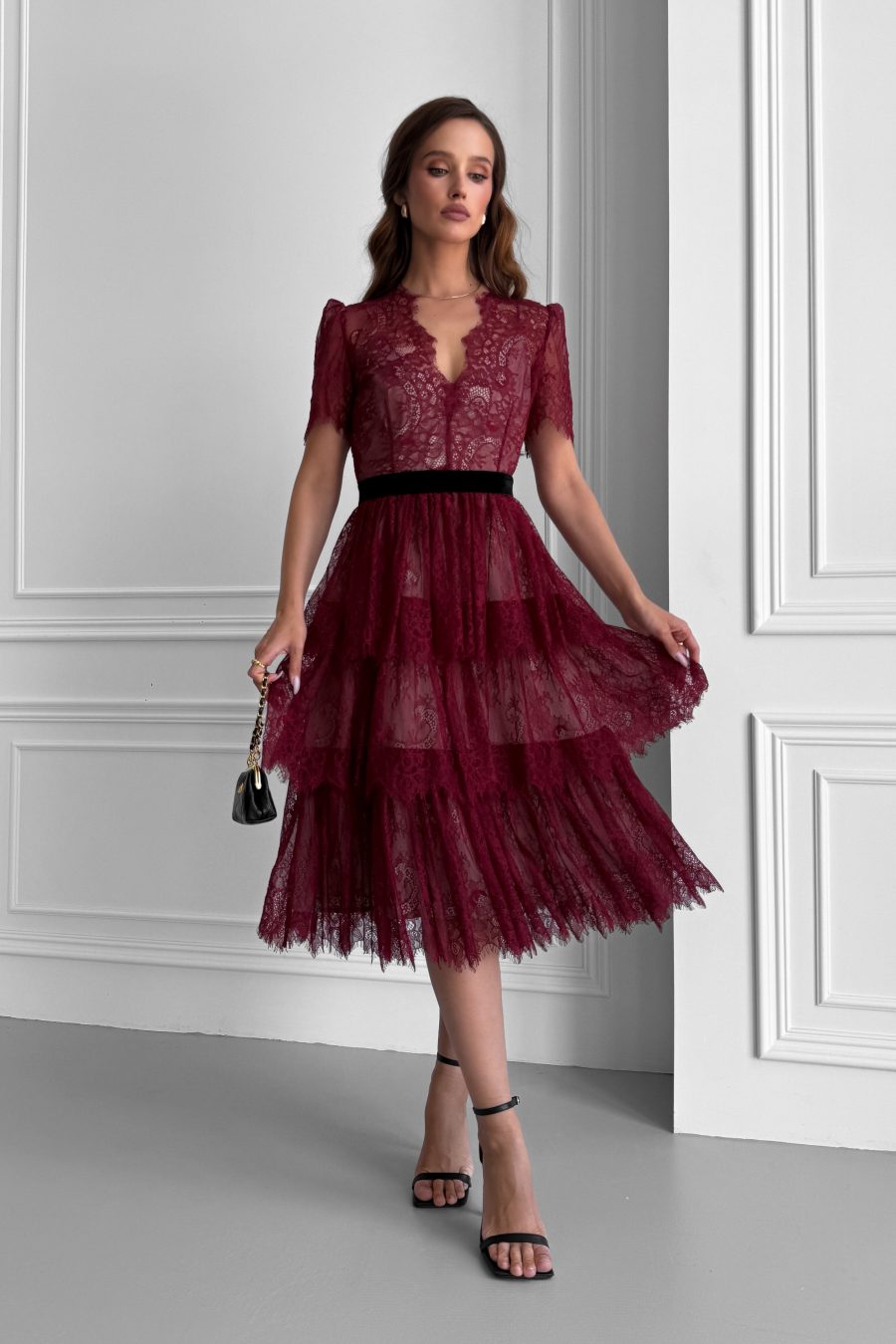 Lace Chantilly Tiered Midi Dress with Beige Lining