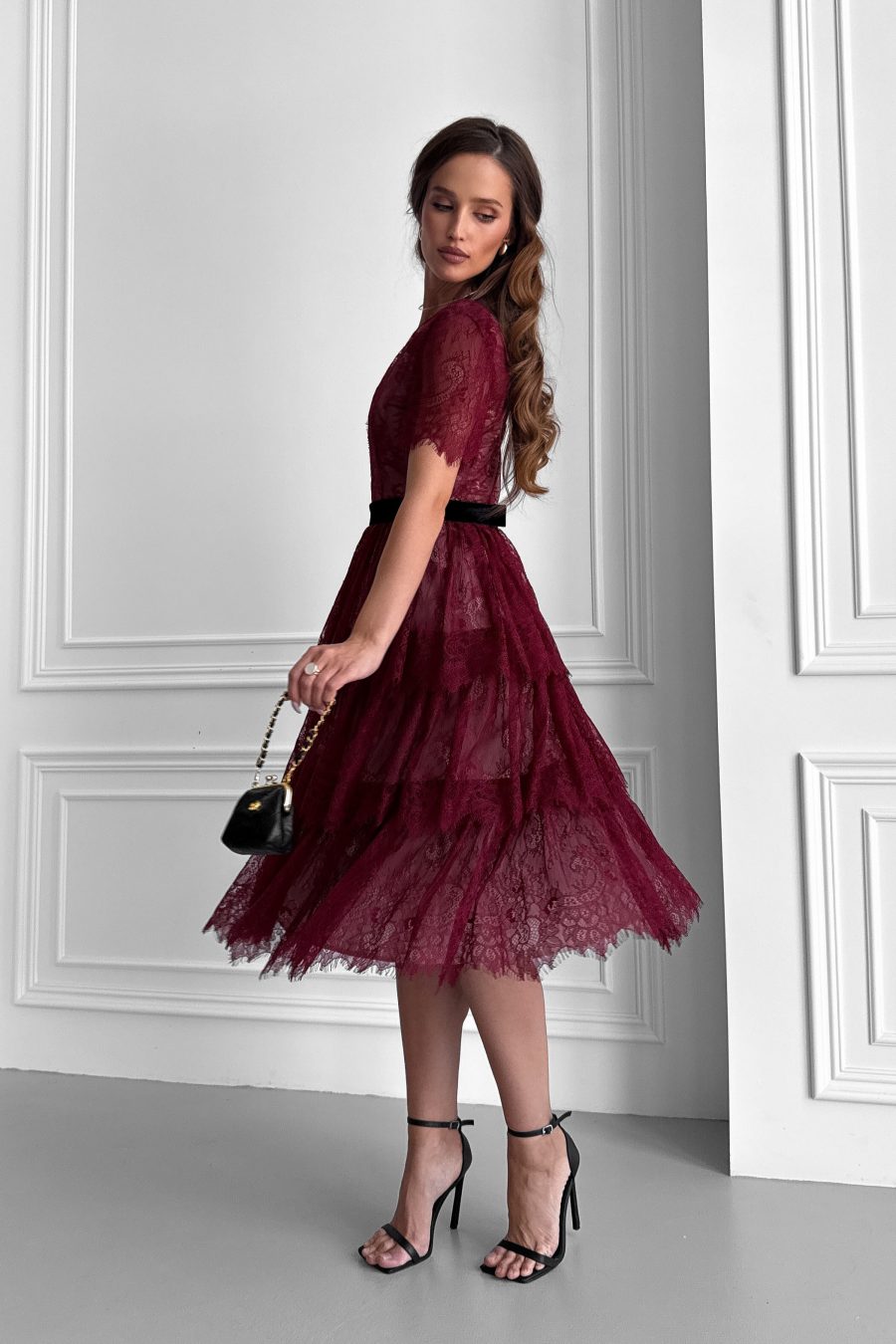 Lace Chantilly Tiered Midi Dress with Beige Lining