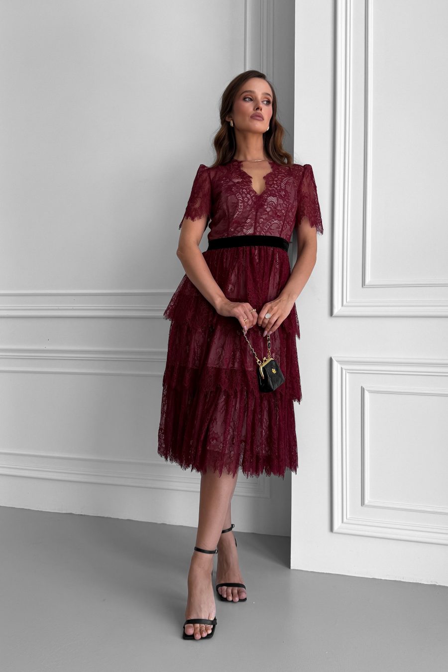 Lace Chantilly Tiered Midi Dress with Beige Lining