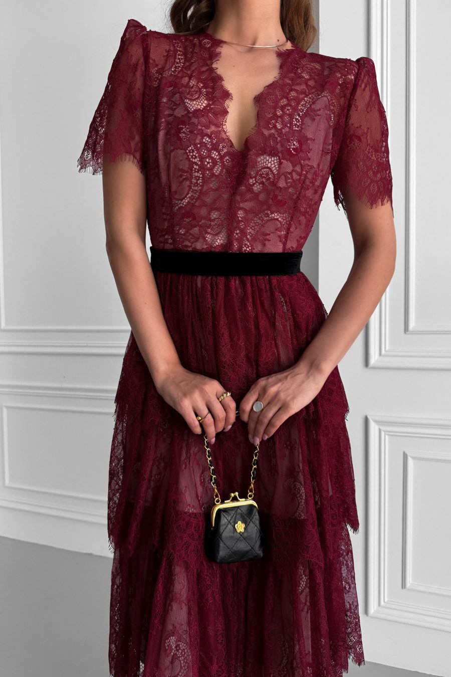 Lace Chantilly Tiered Midi Dress with Beige Lining