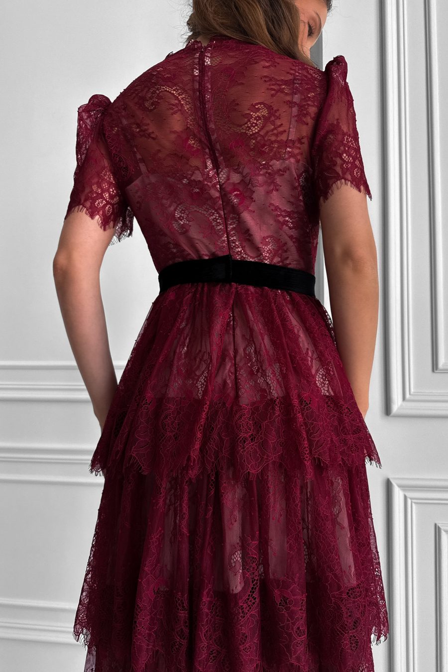 Lace Chantilly Tiered Midi Dress with Beige Lining